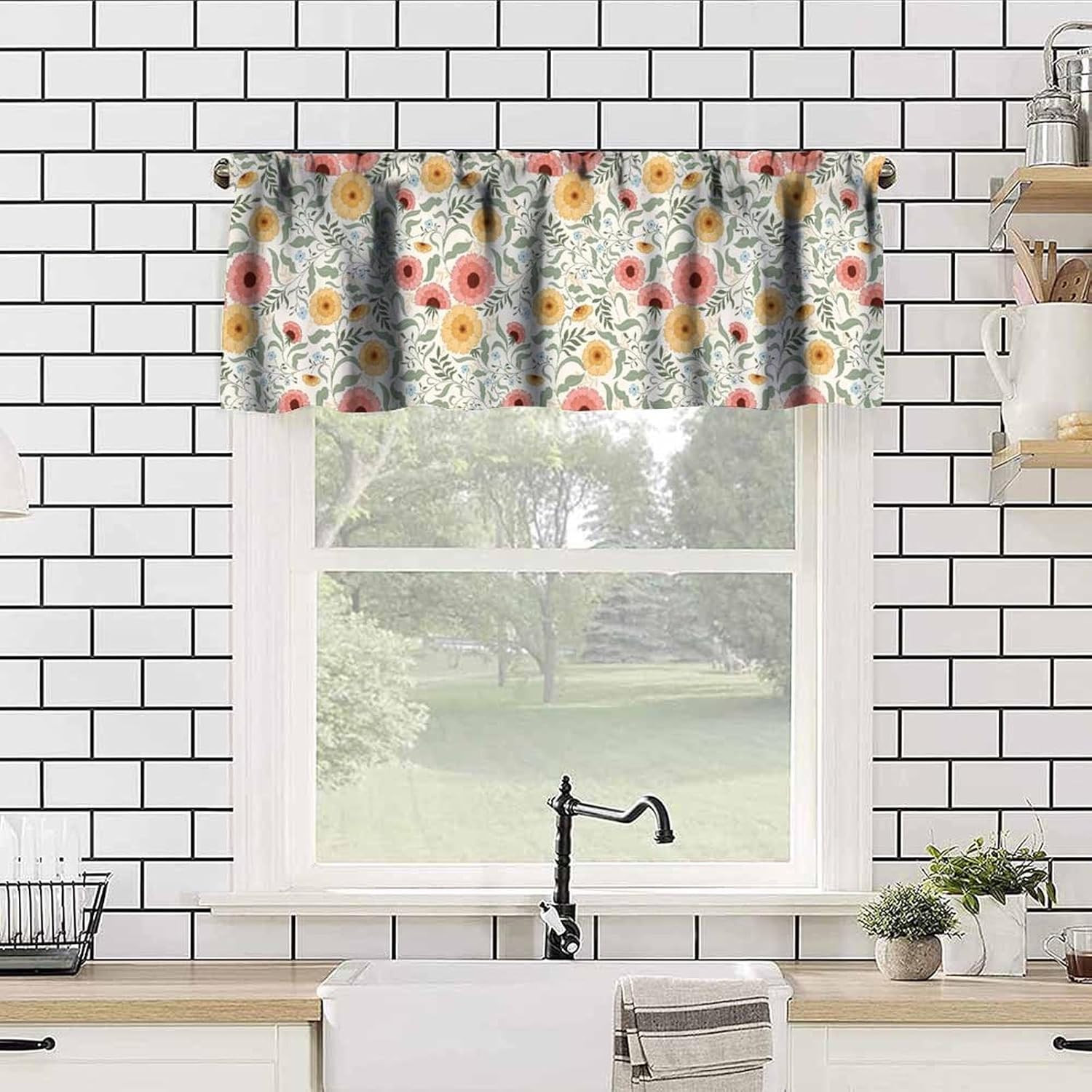Spring Summer Floral Valance, Beautiful Yellow Orange Bloom Pattern William Morr