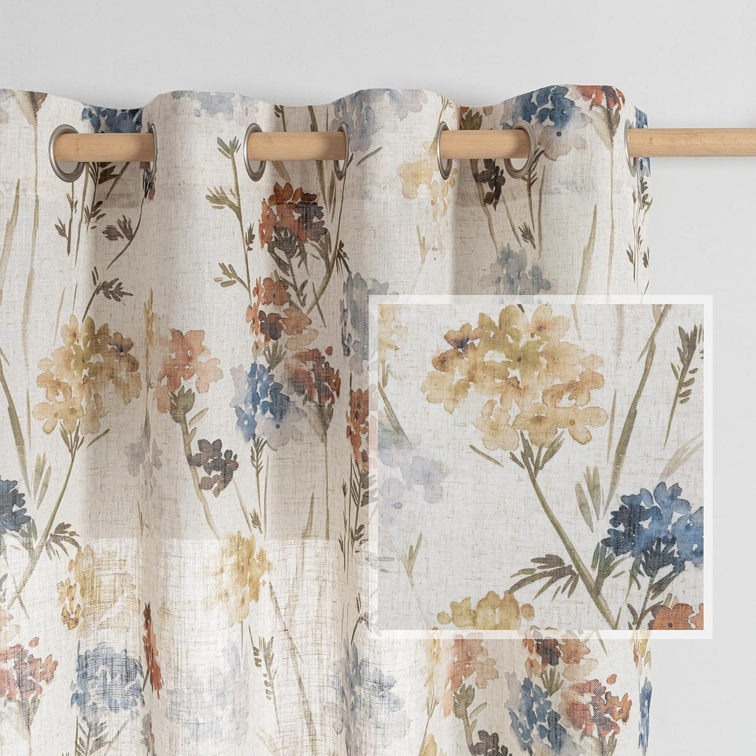 Floral Linen Curtains 84 Inch Length 2 Panels Set Spring Flower Patterned Semi S
