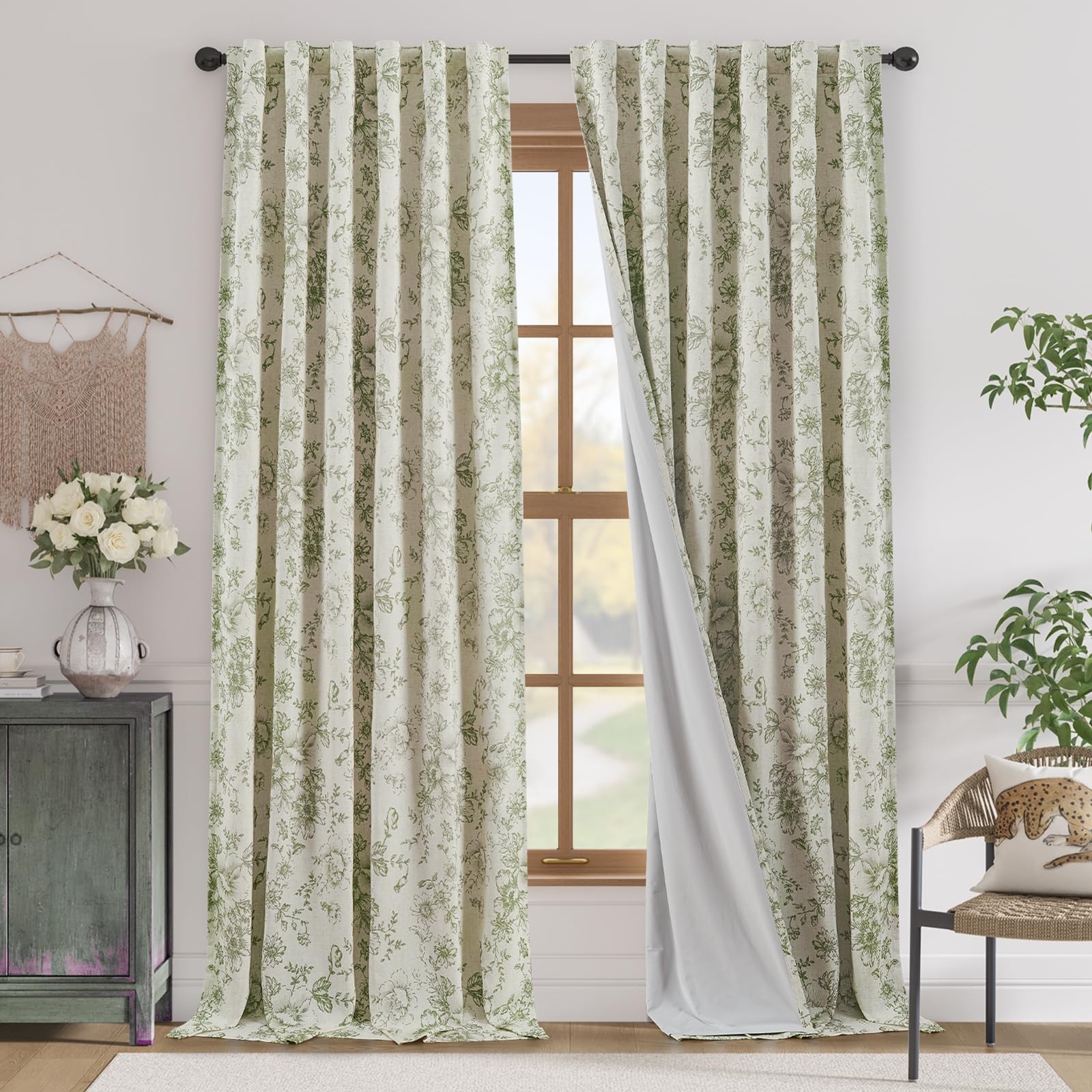 jinchan Linen Blend Floral 50″W x 96″L (Pack of 2), *Lined Alice Green