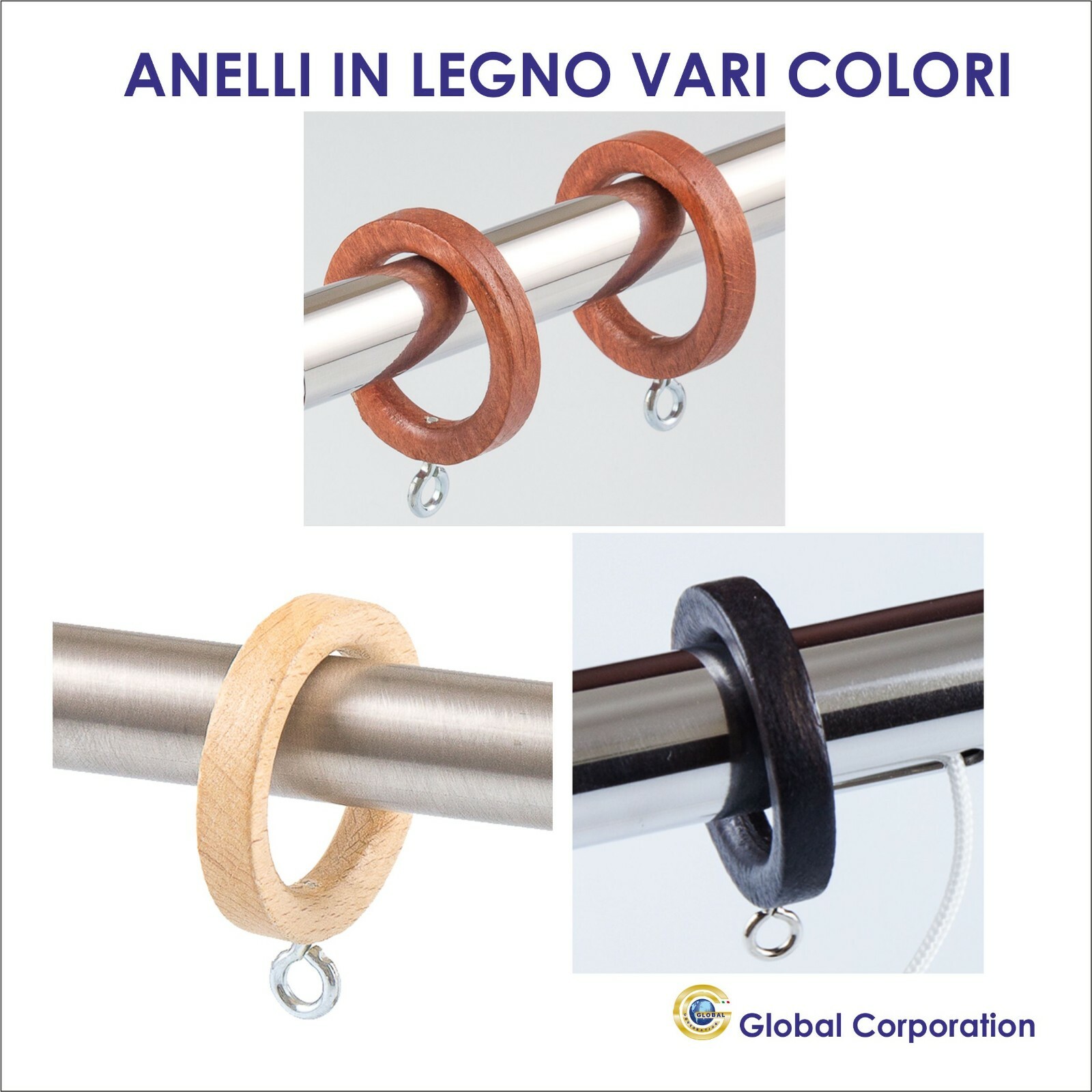 ANELLI PER TENDE BASTONE LEGNO TONDO CON GANCI IN ASTA TENDAGGI BINARI OCCHIELLI