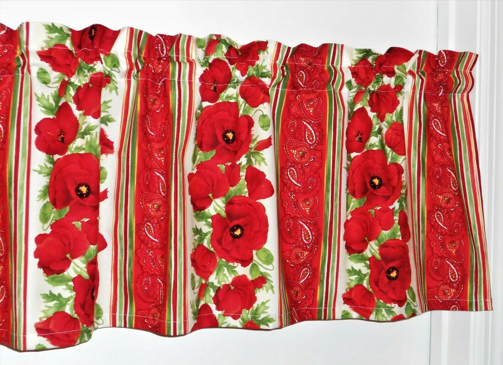 Poppy Curtain Valance Spring Poppies Red Flower Floral Leaf Paisley Stripe 42×14