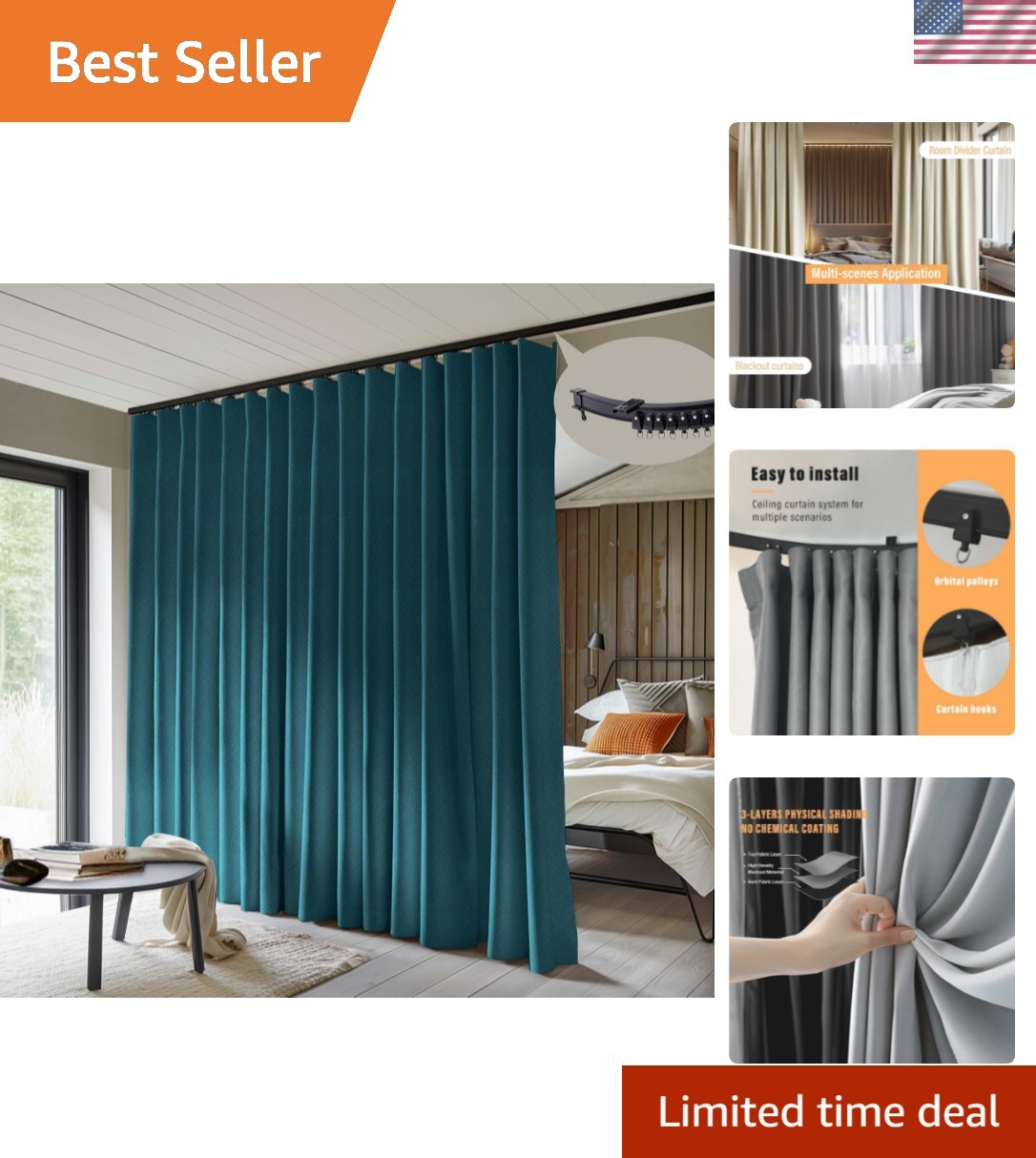 Room Divider Curtains with Flexible Ceiling Curtain Tracks Set,100% Blackout …