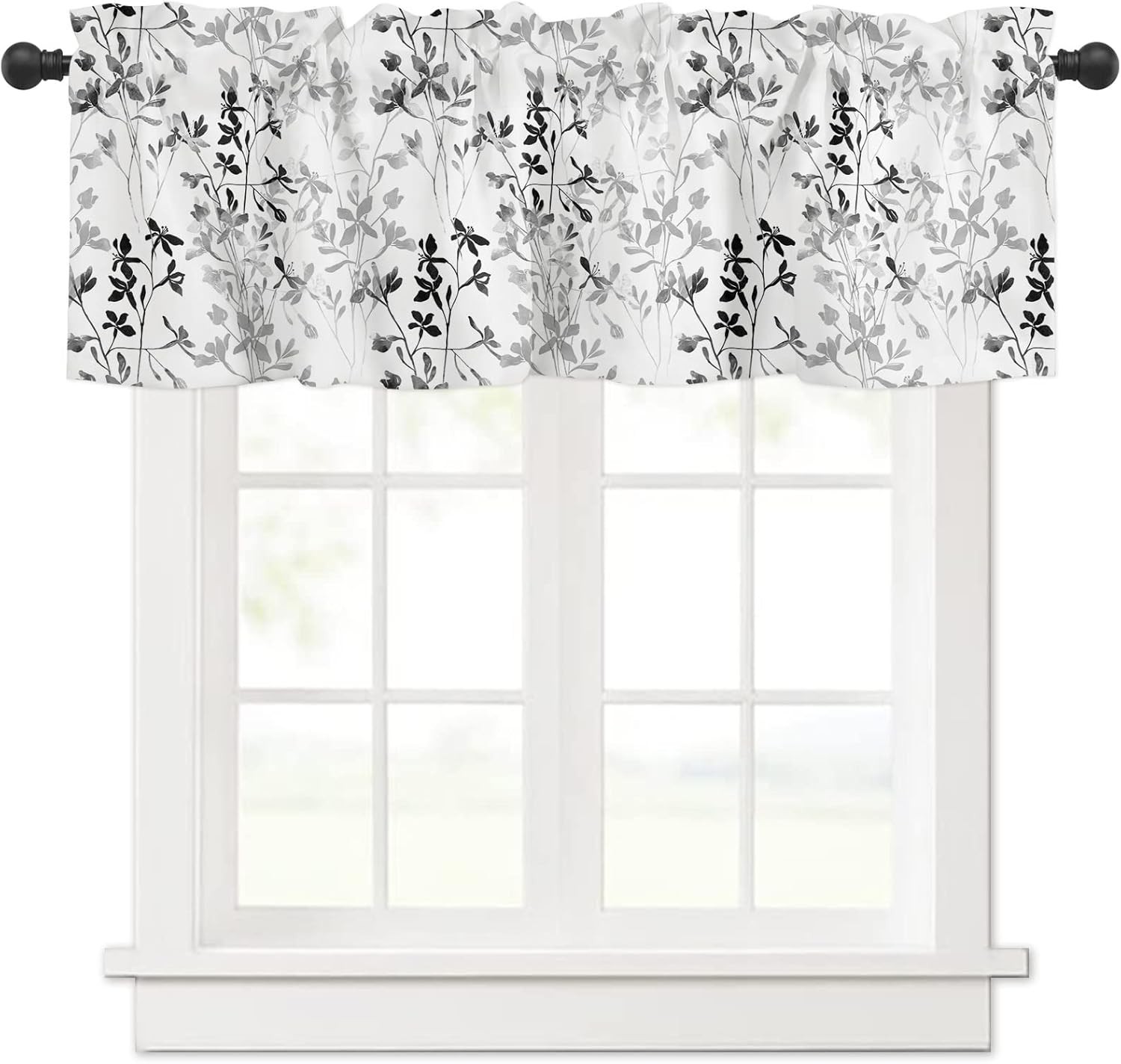 Watercolor Black White Grey Leaf Kitchen Curtains Valances for Windows Spring