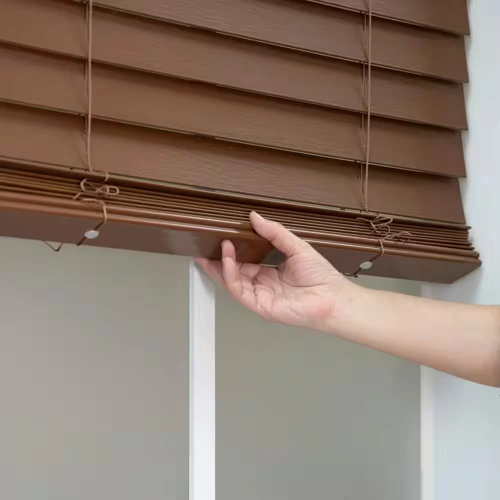 Dark Oak Cordless Room Darkening Faux Wood Blinds with 2 In. Slats – 33 3/4 X 48