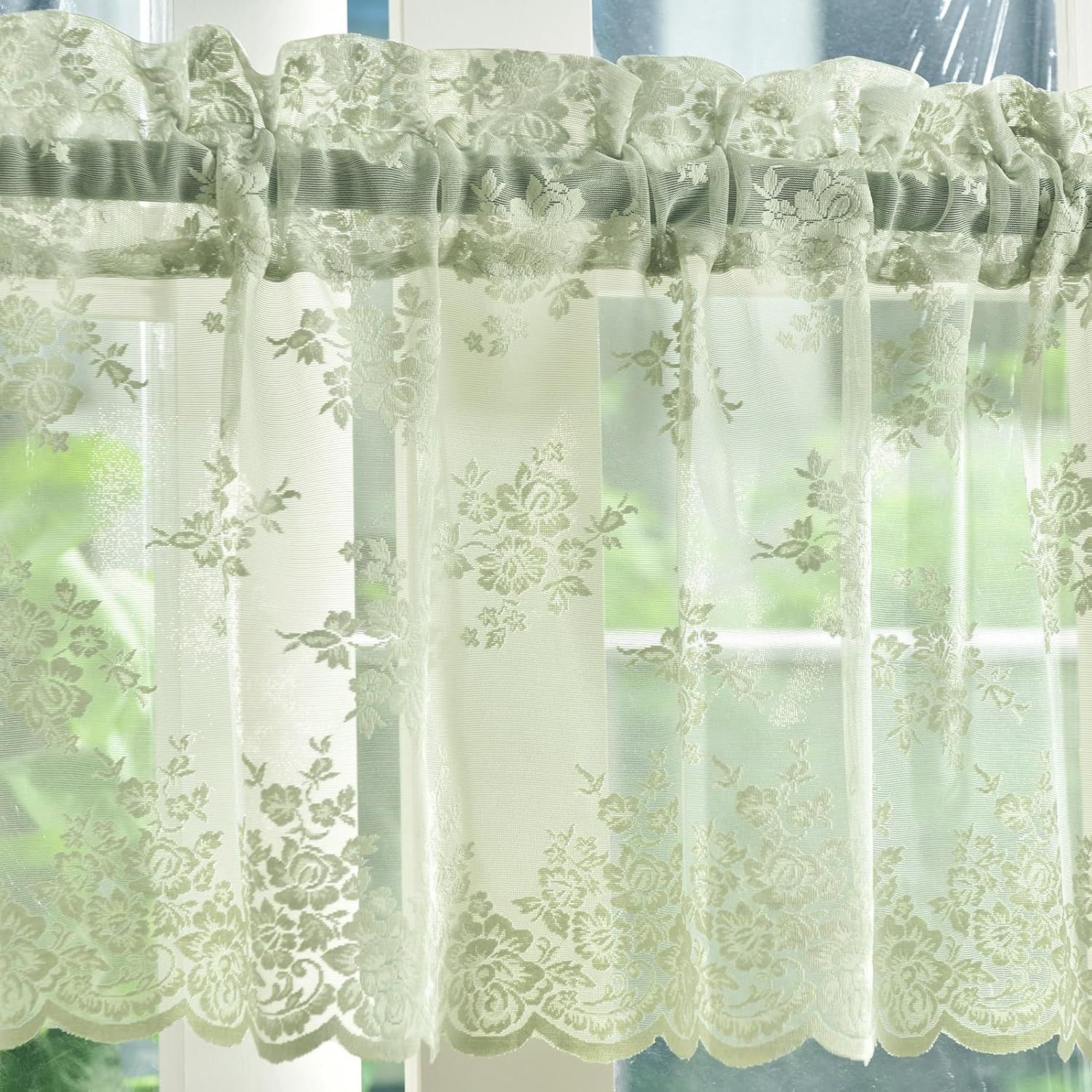 Light Sage Green Sheer Valance Curtain for Windows, Rustic Floral Muted Green Wi