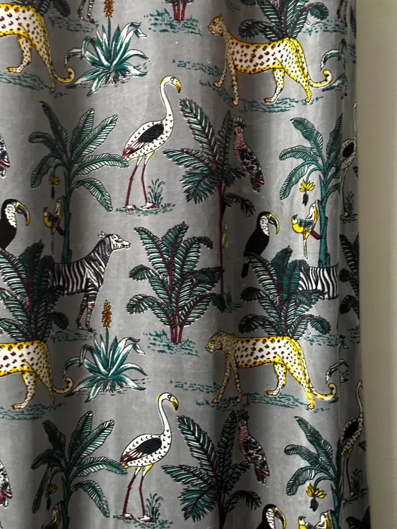 Vintage Grey Velvet Forest Print Curtain Boho Drapes Custom Luxury Gift