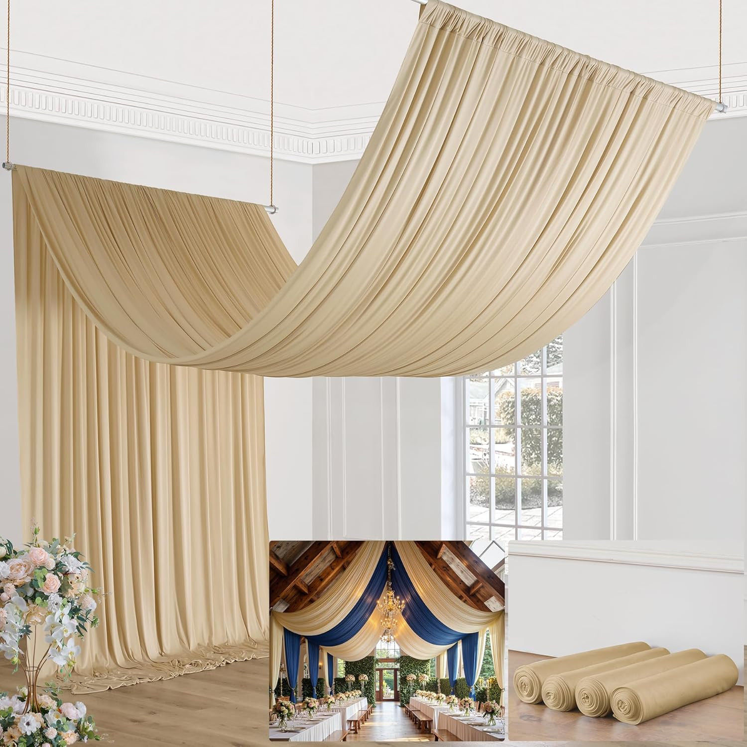 20Ft Beige Ceiling Drapes for Weddings & Events, 2 Panels, Easy to Hang