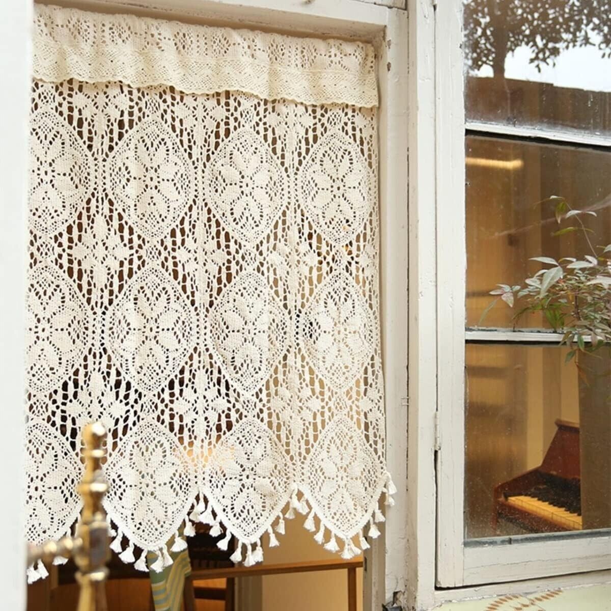 Rustic Crochet Lace Kitchen Window Curtain Valance Cafe Tiers Farmhouse Decor
