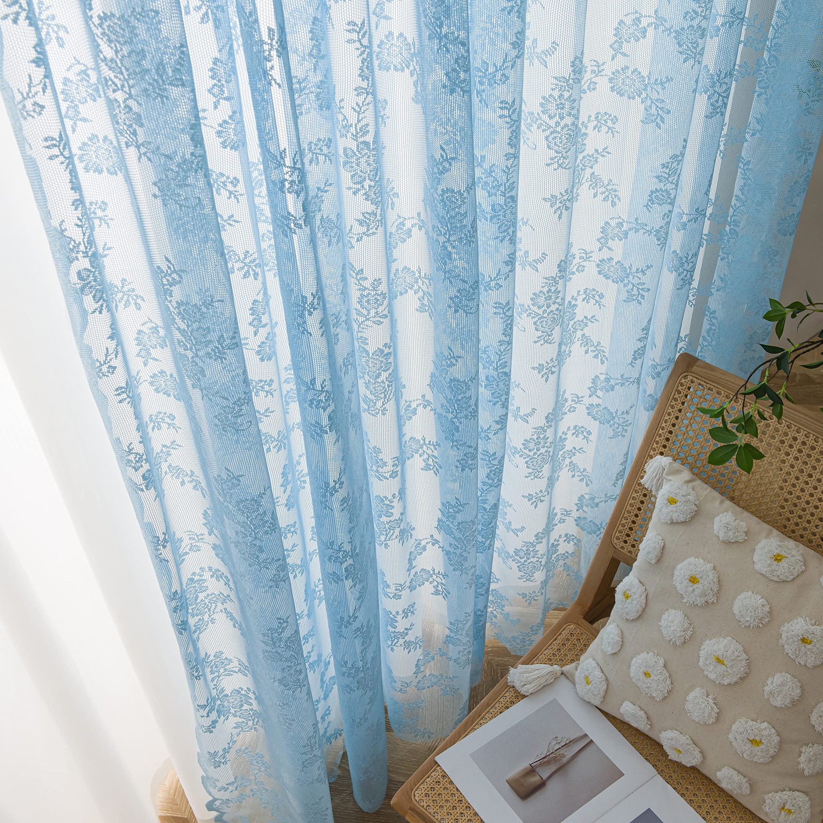 Sutuo Home Blue Lace Curtains 84 Inches Long, 57″W x 84″L (Pack of 2),