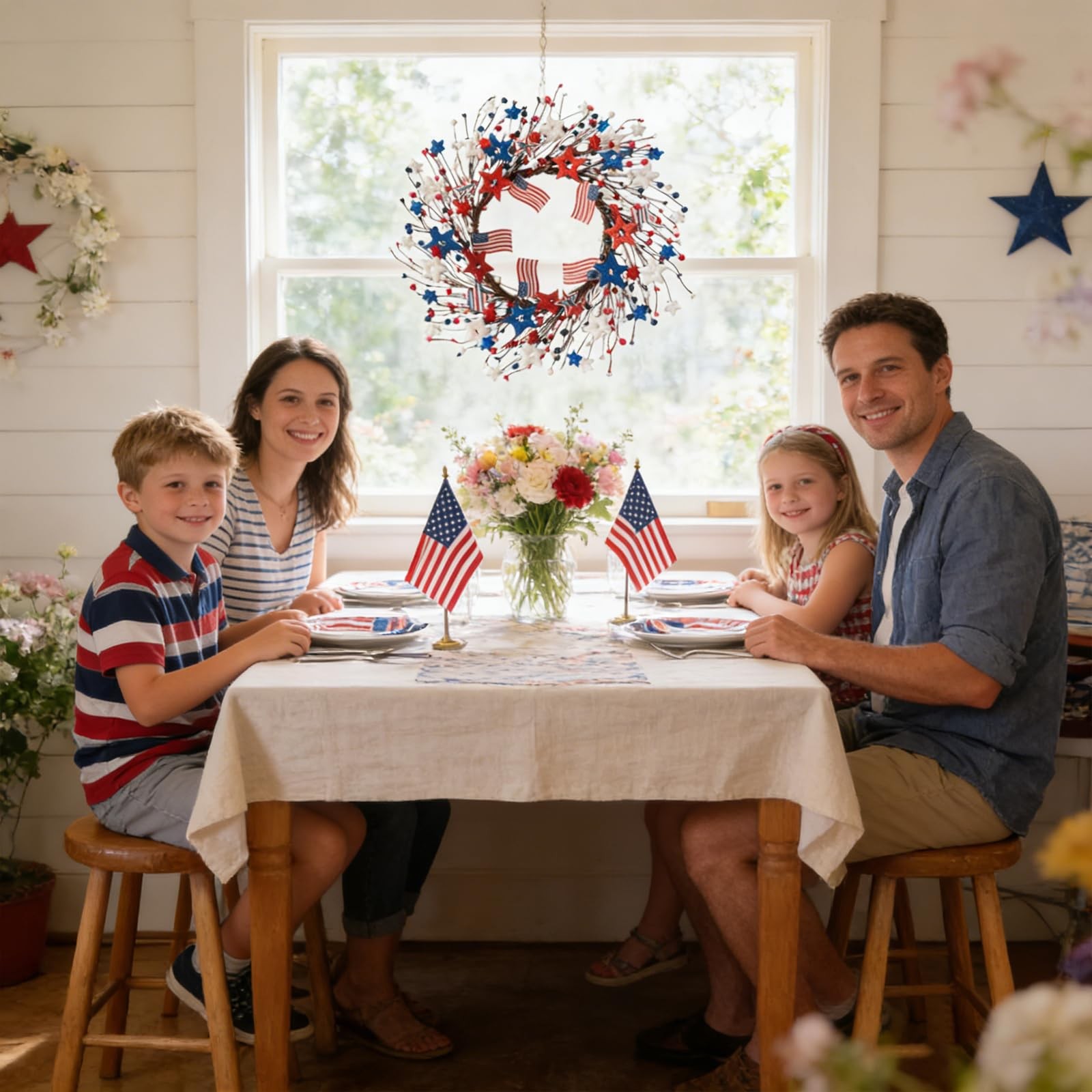 22 Inch Patriotic Wreath for Front Door, 4th of July Memorial Day Wreath with Gl