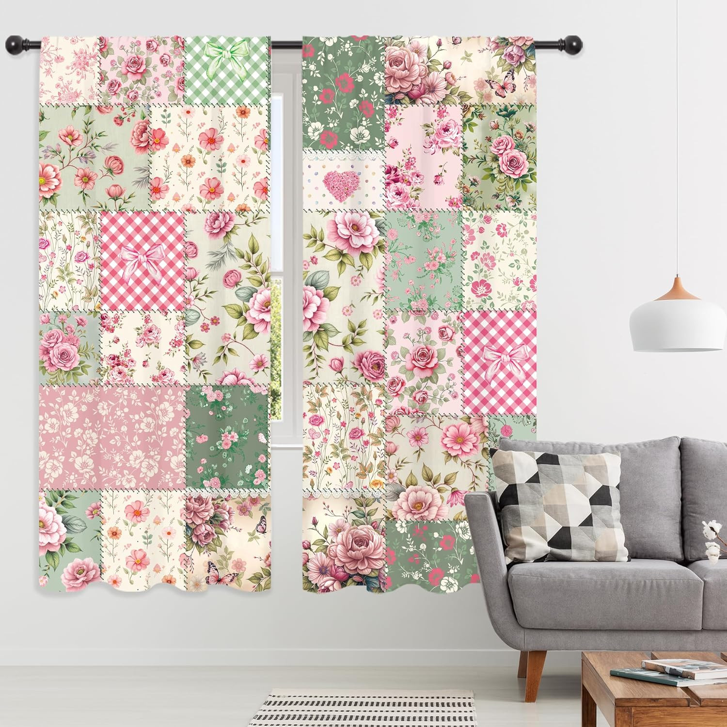 Boho Pink Green Floral Curtains Retro Shabby Patchwork Vintage Flowers Plants Bo