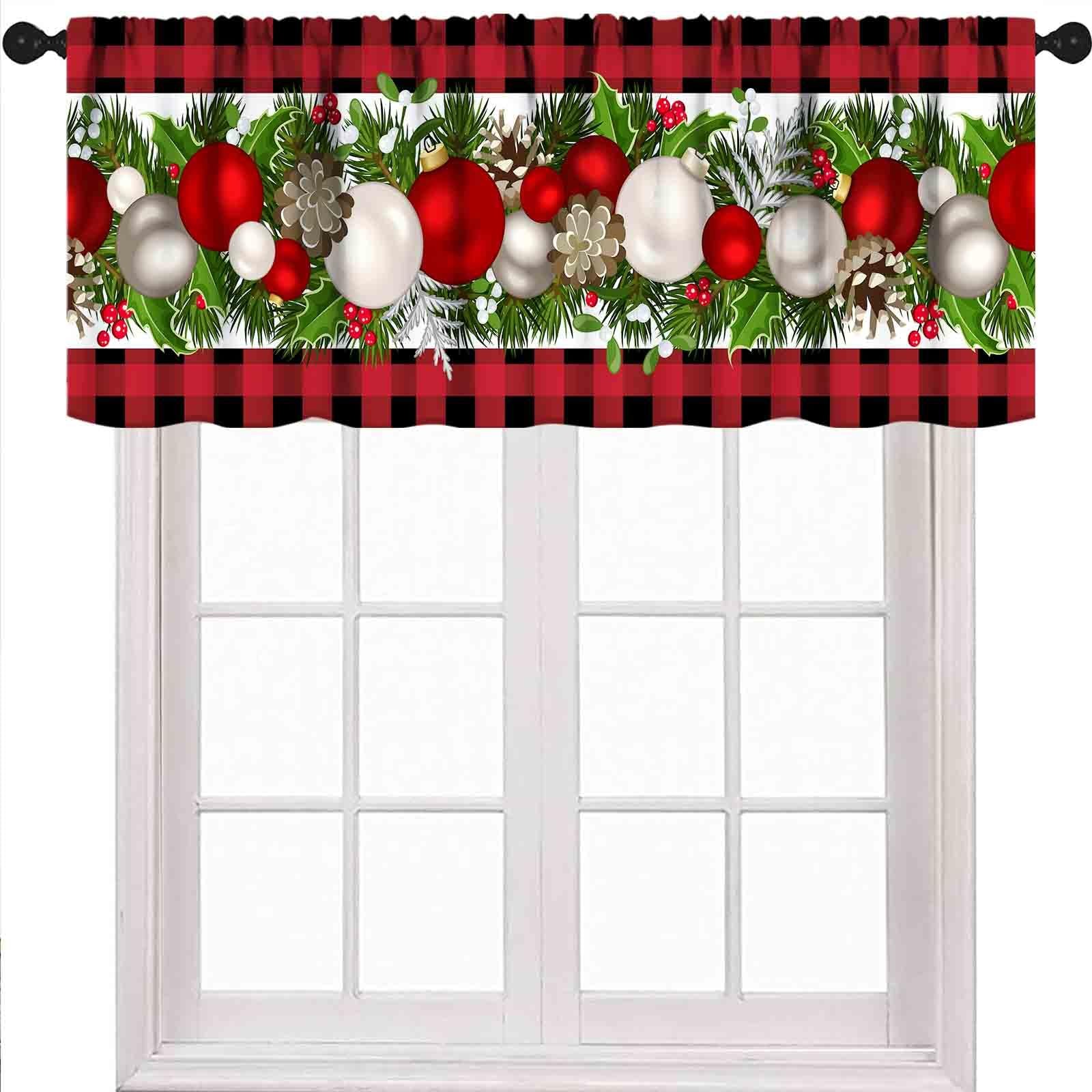 Christmas Ball Kitchen Valance,Xmas Decorations Winter Red Window Treatments …