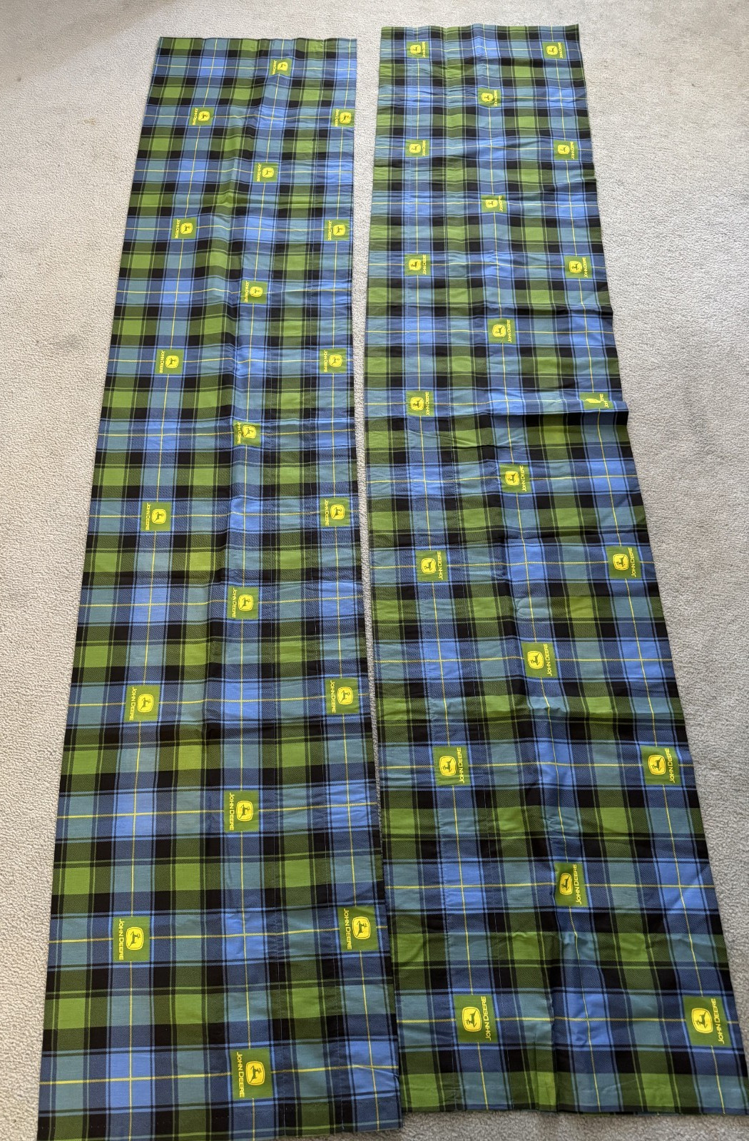 2 JOHN DEERE Plaid Curtain Valances Green Blue Yellow Tractor Logo Farm 84″x18″