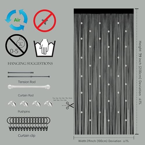 Beaded String Curtains for Doorways Boho Bedroom 39″W x 79″L (Pack of 1) Black