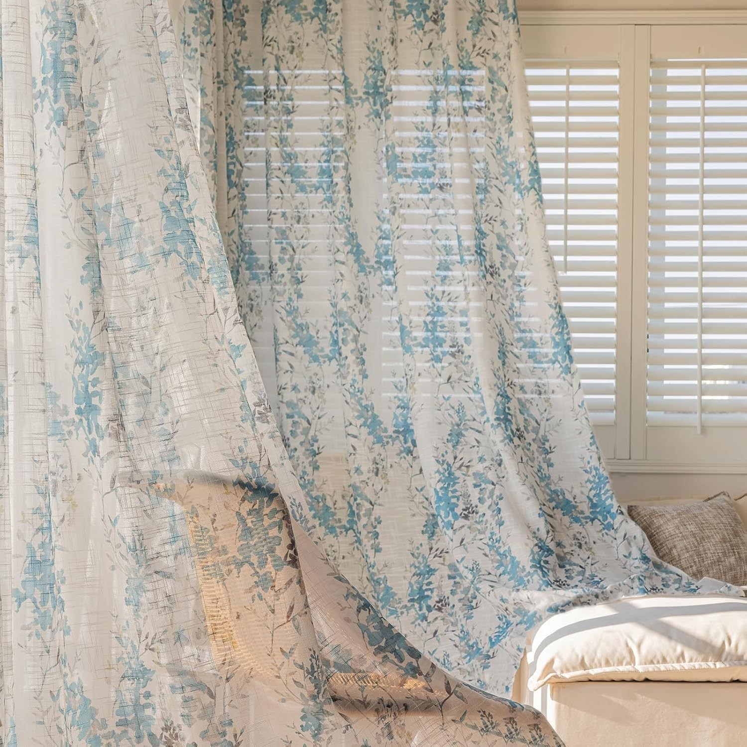 Blue Leaf Boho Linen Textured Sheer Curtains – Elegant Light-Filtering Window…