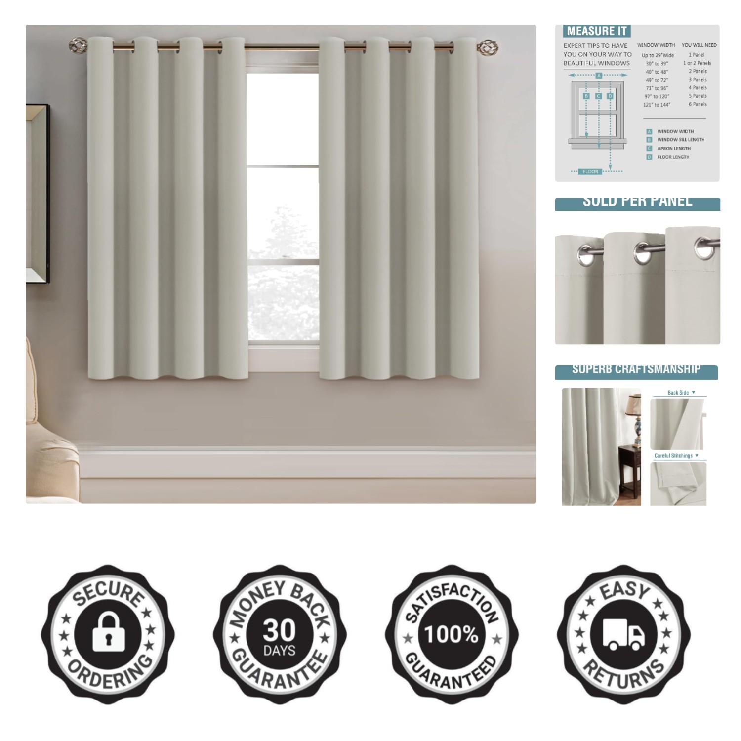 Breathable Ivory Blackout Curtain 52″ W x 45″ L – Energy Efficient and Easy Care
