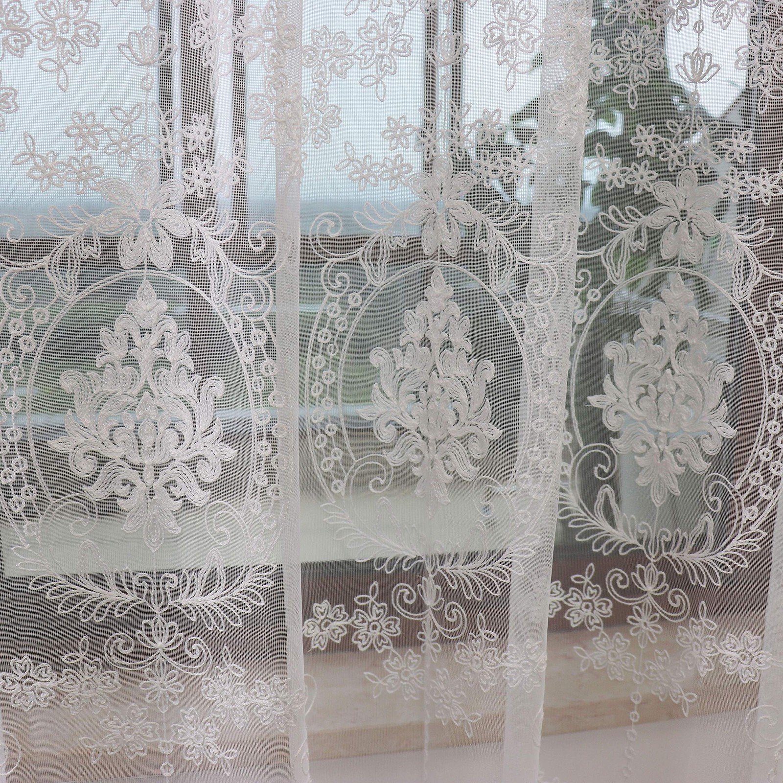 2 Panels White European Style Sheer Curtain Embroidered Window Curtains Europ…