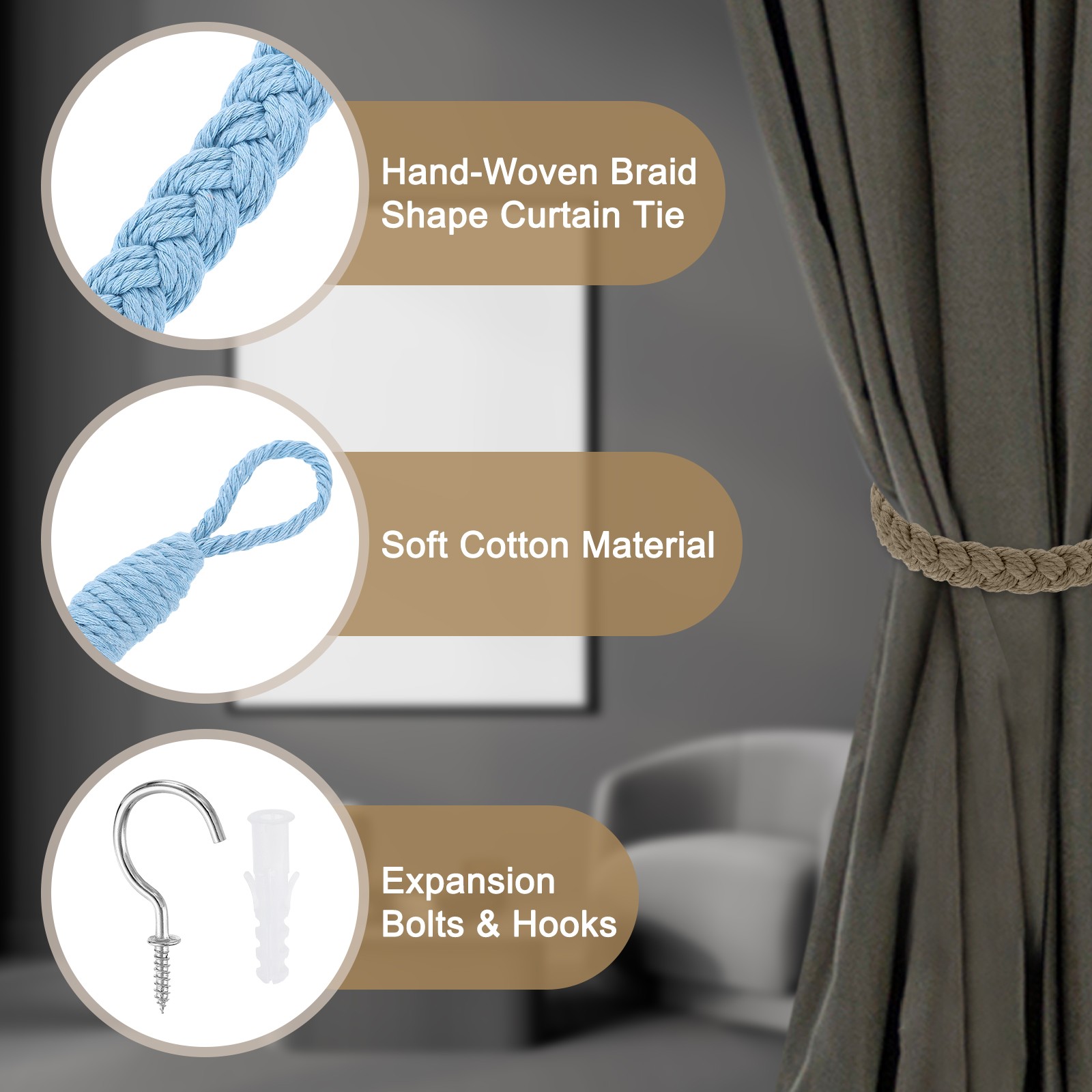 2Pcs Rope Curtain Tiebacks, 23.6″ Hand-Woven Curtain Holdback, Light Blue
