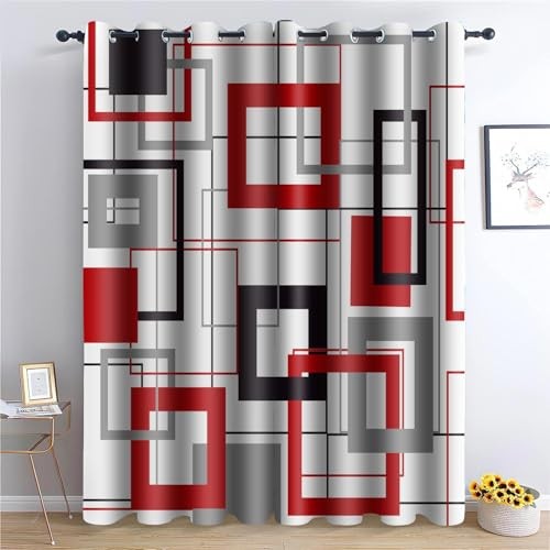 Red Black Geometric Curtain White Grey Plaid Modern 52″W x 63″L (Pack of 2)