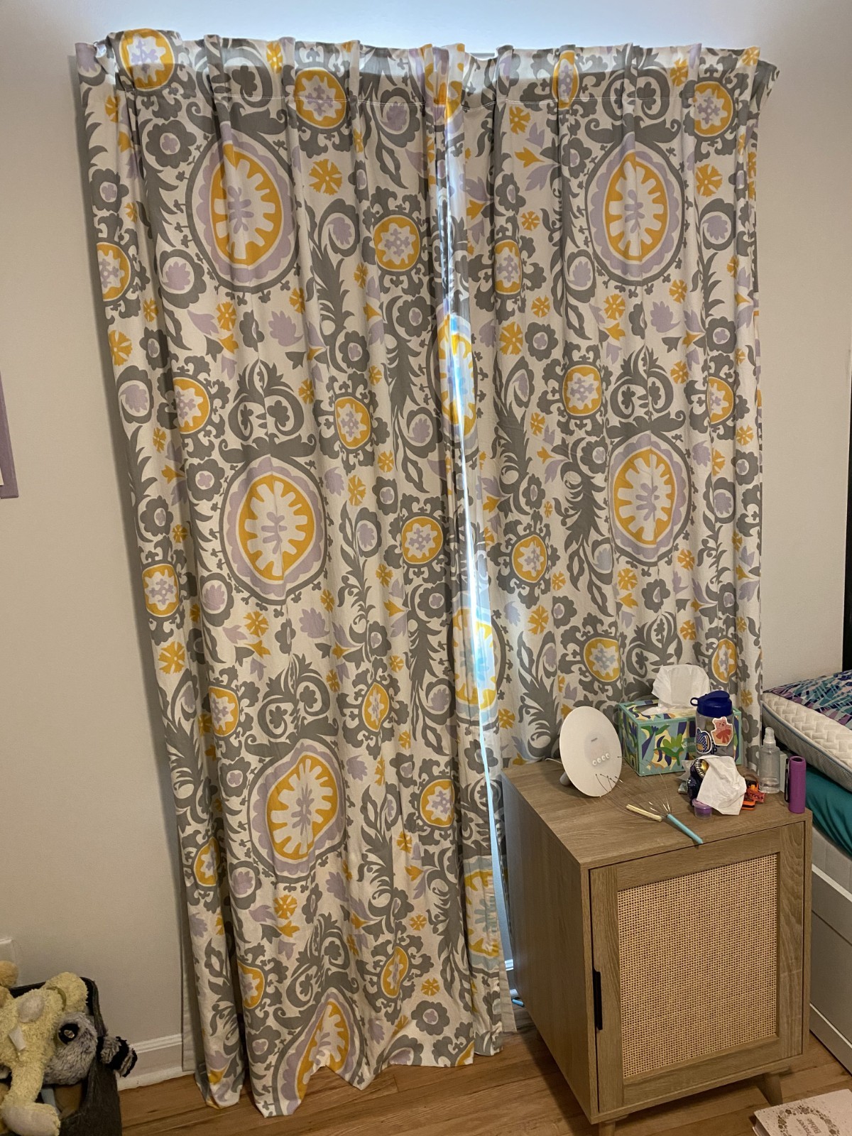 Curtain Panel Single Gray Yellow Purple Paisley on White Lined w/ Blackout
