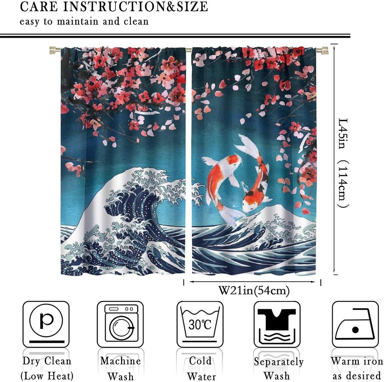 Japanese Koi Fish Curtains, Big Wave Koi Cherry Blossoms Asian Style Room Door W