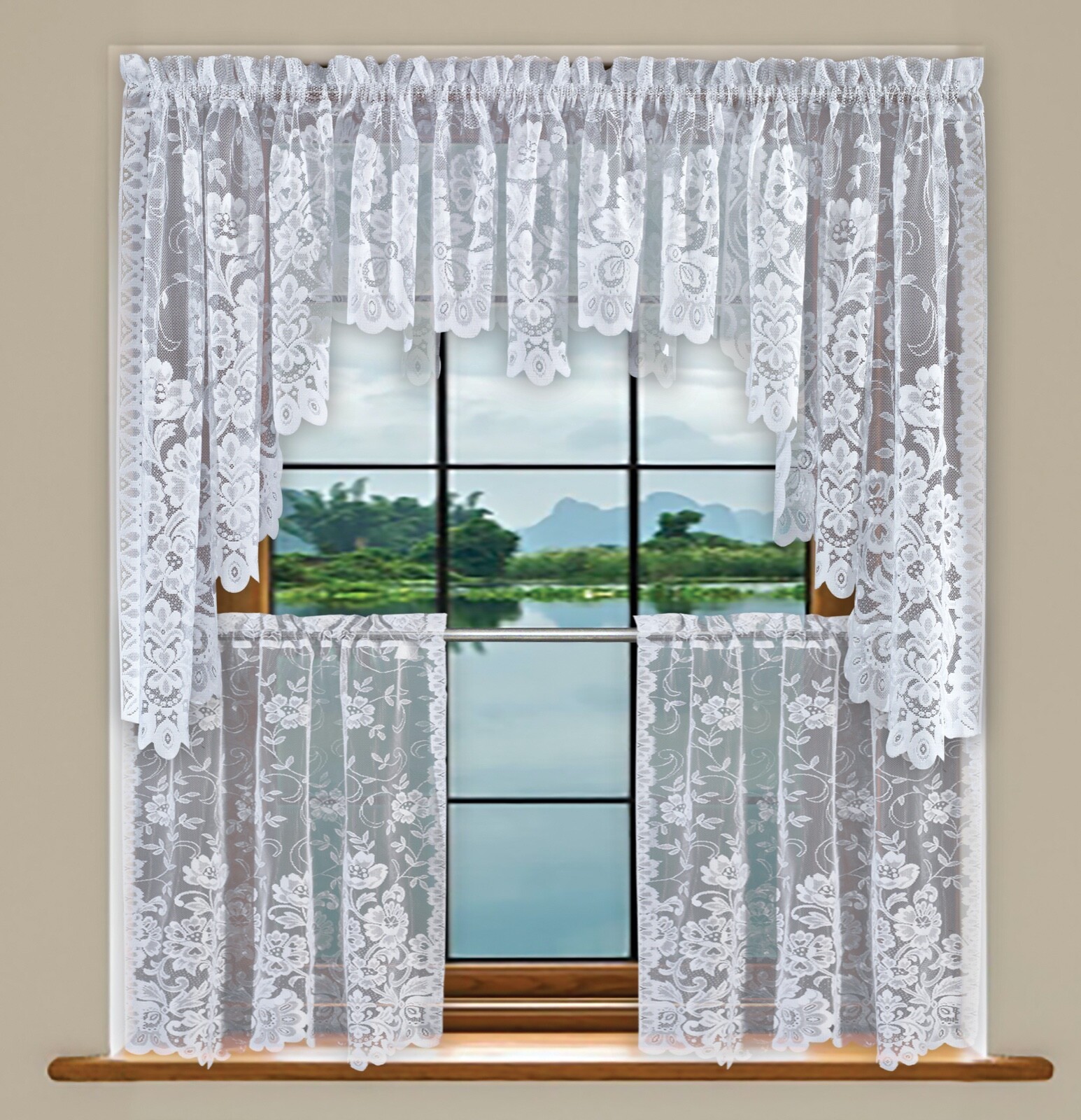 Grace Floral Lace Kitchen Curtain Tier Valance Swag Pair & Set White Cream/Ivory