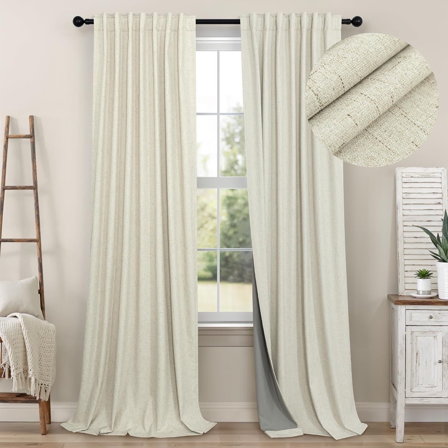 52 x 96 Blackout Boho Curtains 2 Panels Faux Linen Thermal Cream Beige Drapes