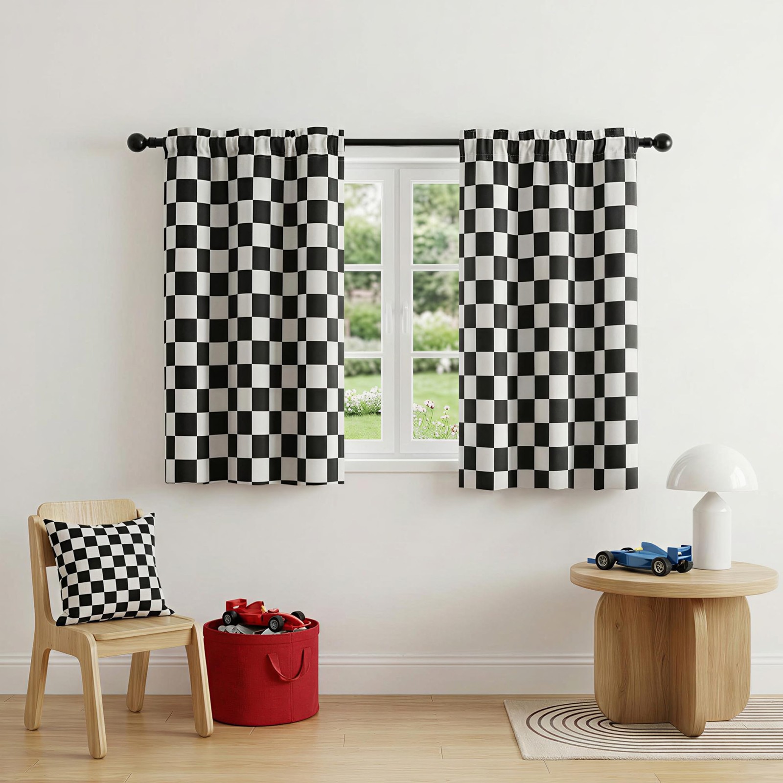 Rod Pocket & Back Tab Checkered Curtains, 2 Panels, Each W42×L45, Race car Fl…
