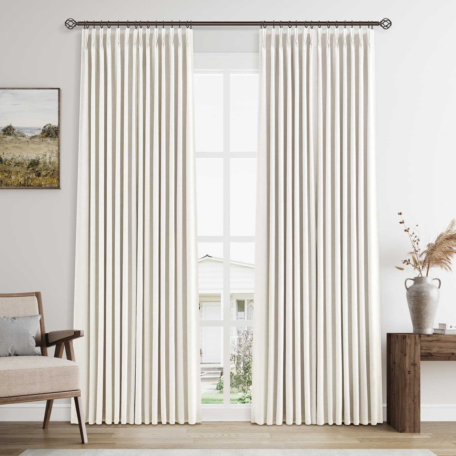 100% Blackout Linen Pinch Pleated Curtains 84 Inches Long 2 Panels for Bedroo…