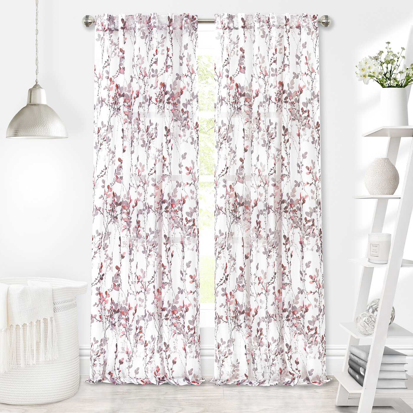 Blush Floral Semi Sheer Window Panel Shabby Chic Botanical Light Filter Curtain