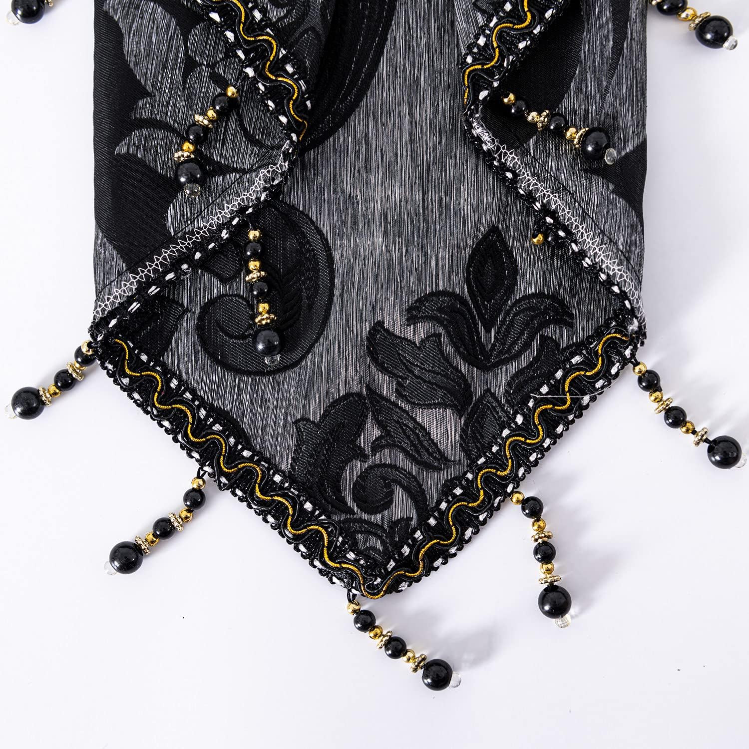Elegant Black Damask Waterfall Valance with Beads, 101-Inch Wide