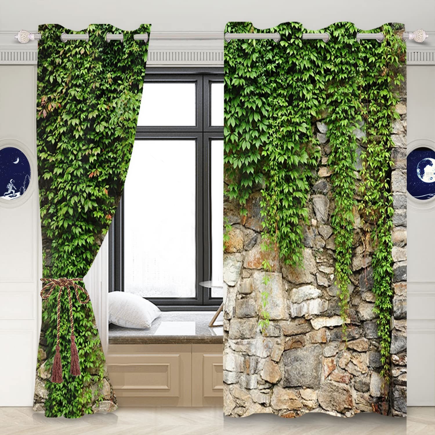 Umpoo Green Ivy Leaf Blackout Curtains Leaves Plants Rustic Stone Wall Spring