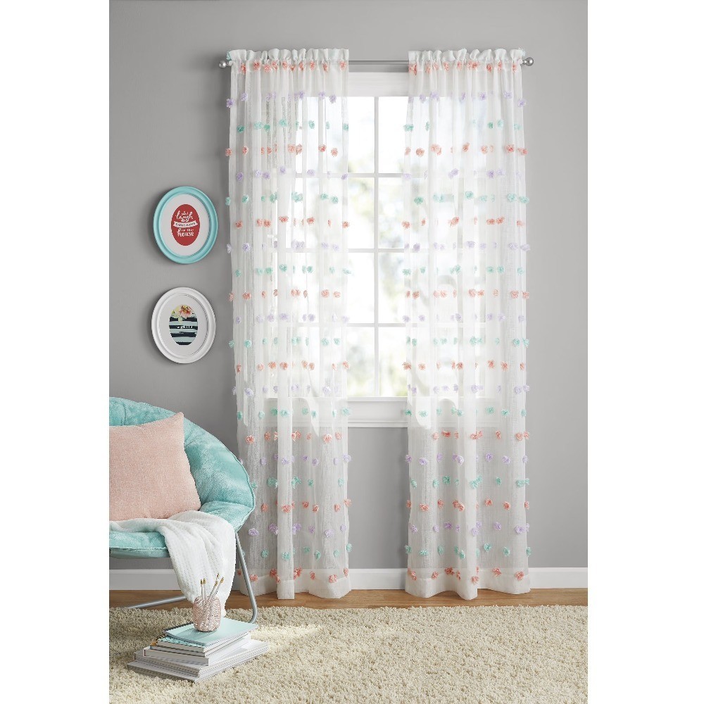 Pom Pom Tassel Curtain Panel for Girls Room 38 Inches Wide by 84 Inches Long