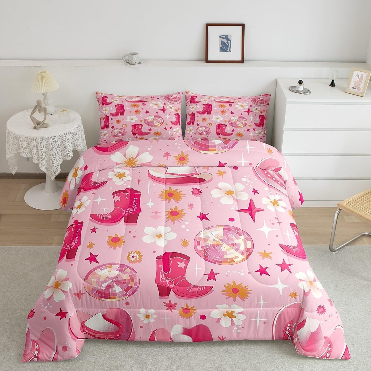 jejeloiu Girls Pink Western Decor Comforter Set Wild West Twin, Multi 57