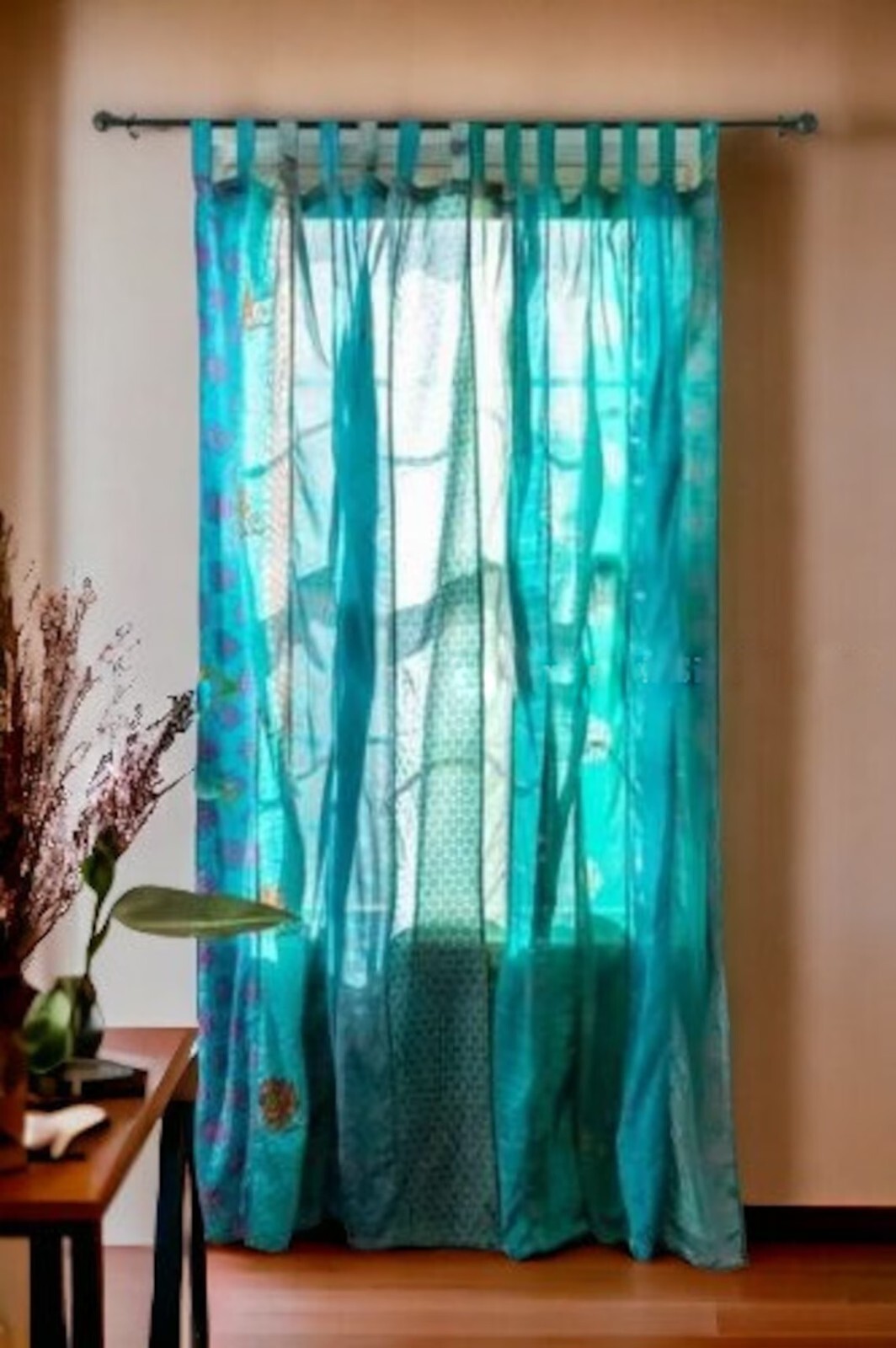 2 Pc Indian Old Recycle Silk Saree Boho Multi Curtain Door Drape Decor Curtain