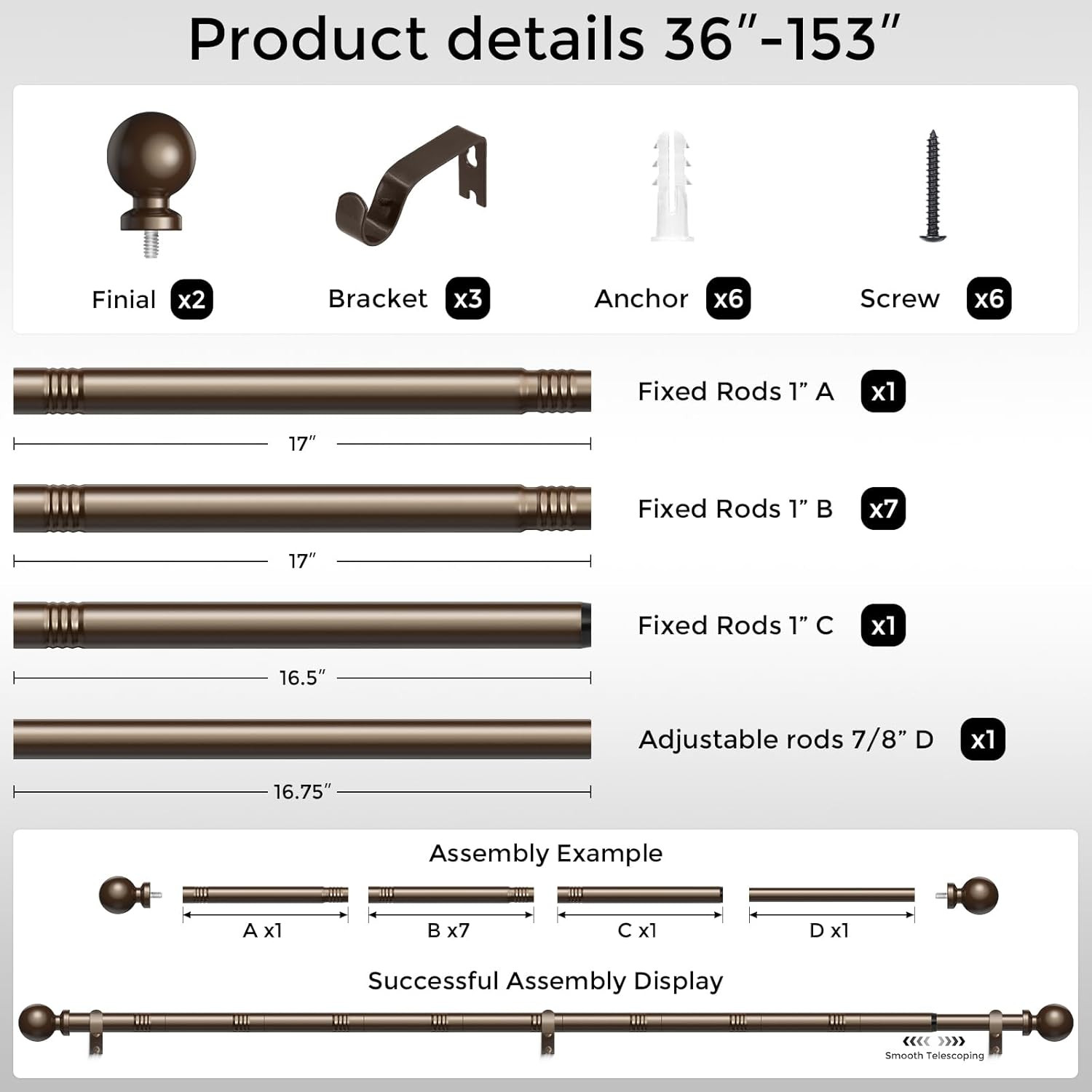 Extra Long Bronze Curtain Rod, 1 Inch Adjustable Heavy Duty Curtain Rods for Win