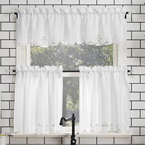 Mariela Floral Trim Semi 36″W x 58″L (Pack of 3) White Valance and Tiers Set