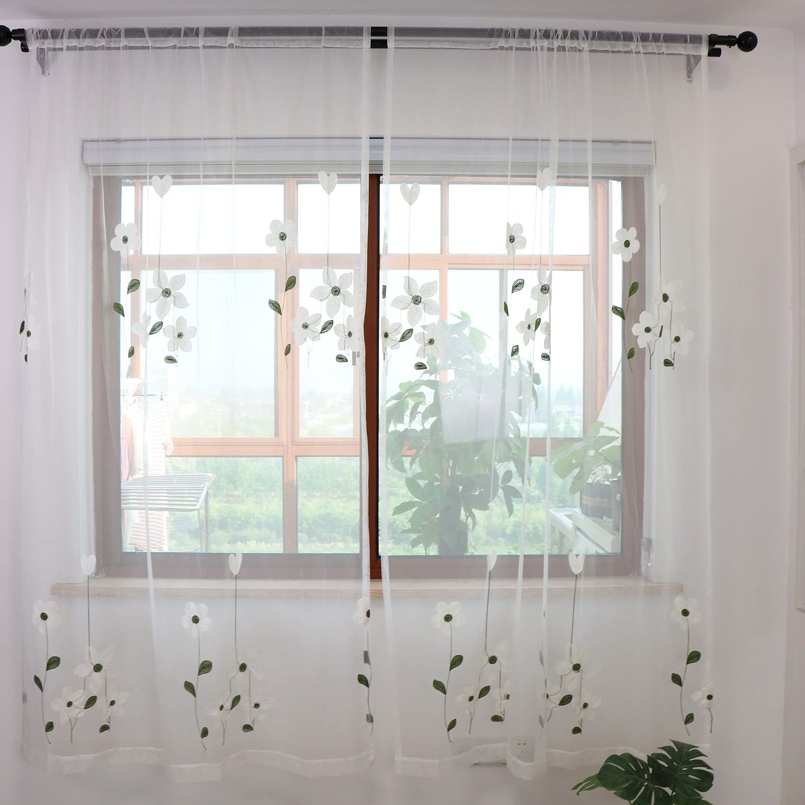 SLOW SOUL Set of 2 Panels White Magnolia Flower Embroidered Sheer Curtains fo…