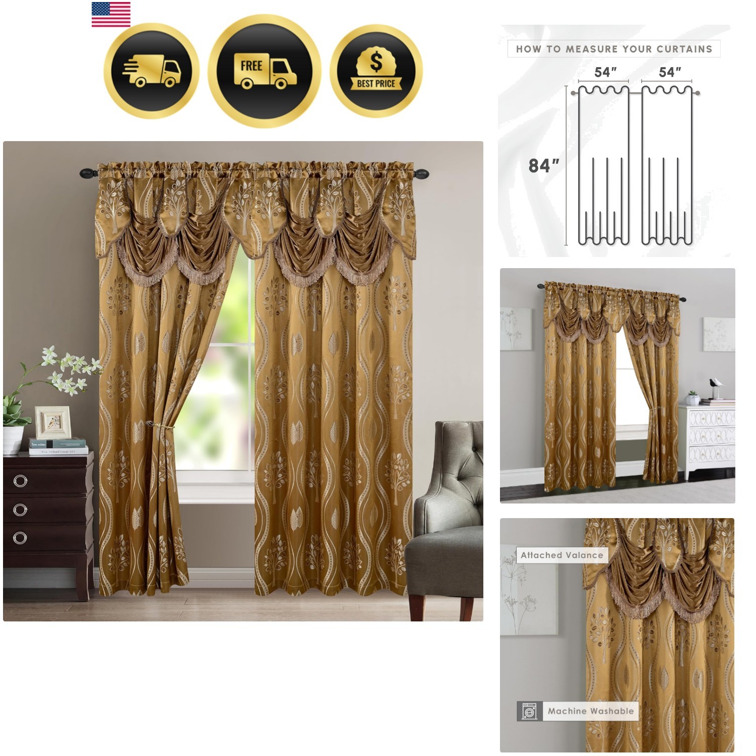 Aurora Jacquard Look Curtain Panel Set with Attached Valance 54″ X 84 inch Se…