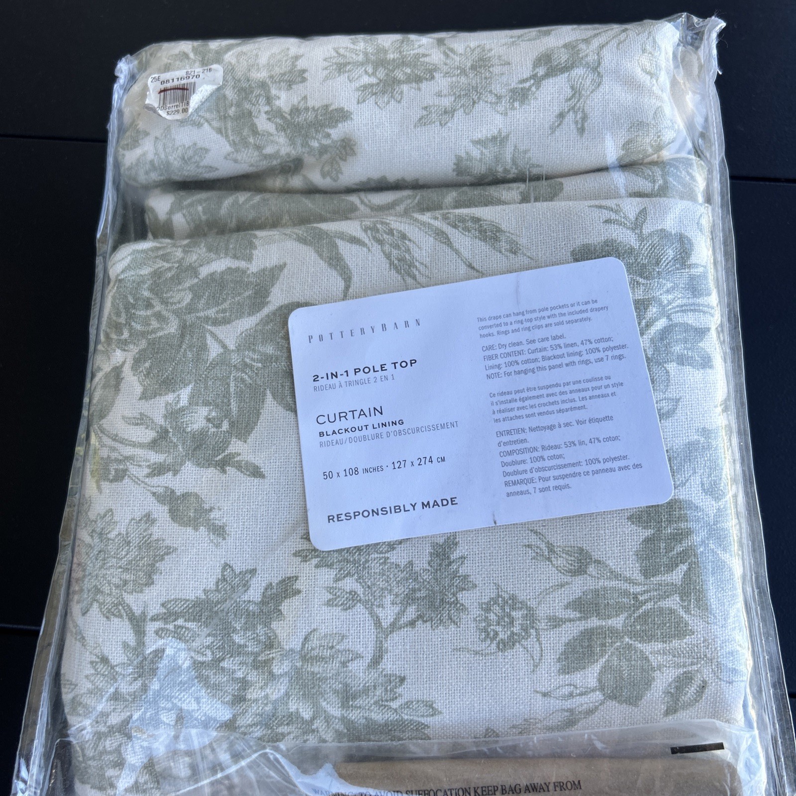 Pottery Barn Sorrel Toille Linen Cotton Curtain 50”x108” Loden New Pole Top