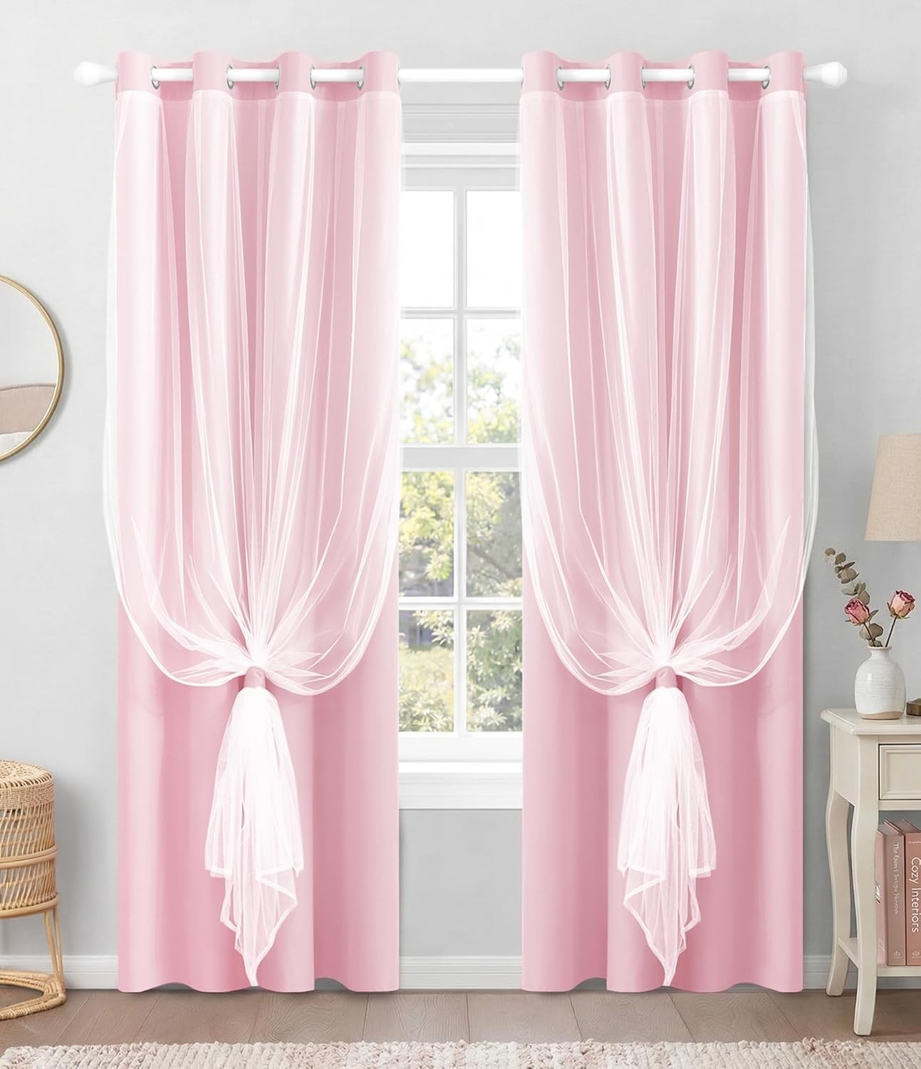 100% Blackout Curtains with Sheer Overlay,Thermal Insulated Double Layer 52″x84″