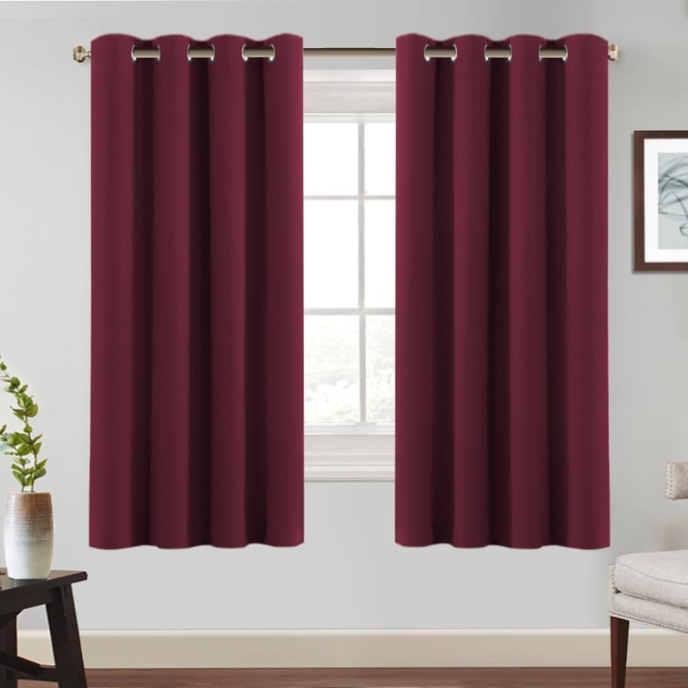 Blackout Curtains Short Thermal Curtain Living Room Burgundy Red H175xW140cm Set of 2…