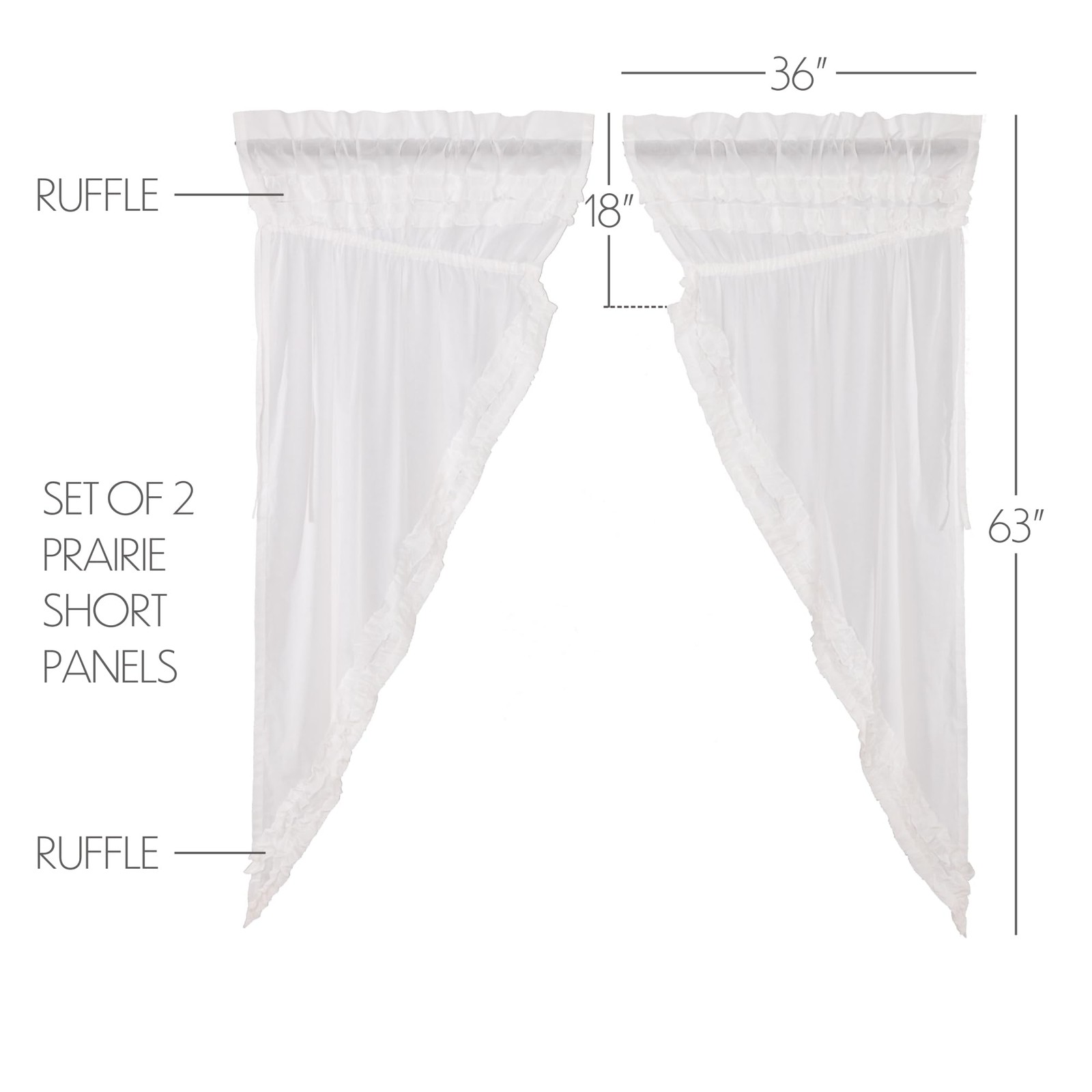 Farmhouse 63x36x18 Prairie Panel Pair White Rod Window Curtains