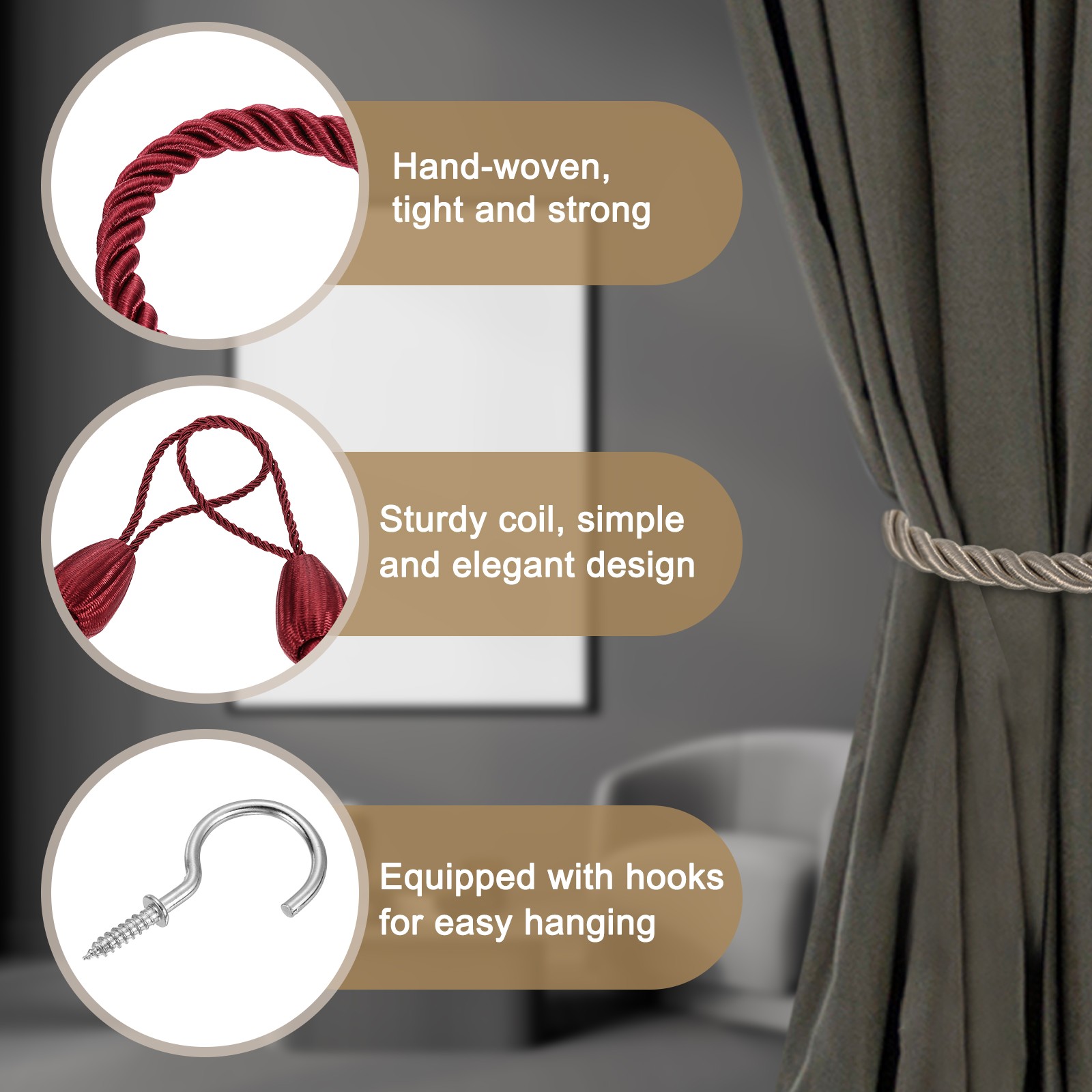 4Pack Curtain Tiebacks, 74cm/29″ Braided Drapery Holdback with Hook, Red
