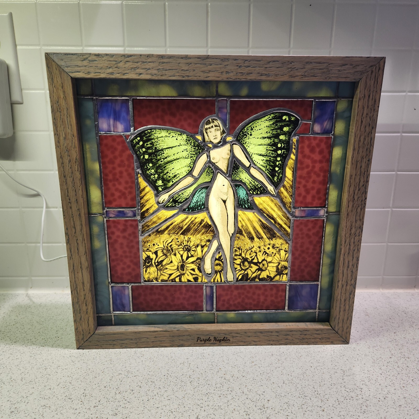 Butterfly Lady Sunflowers 13″ X 13″ Stained Glass Light Box Hand painted Purple