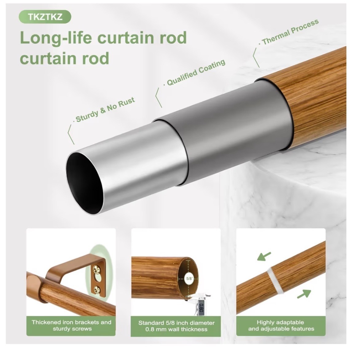 TKZTKZ Faux Wood Curtain Rod Adjustable 36-72 Inch Metal Farmhouse Boho Brown