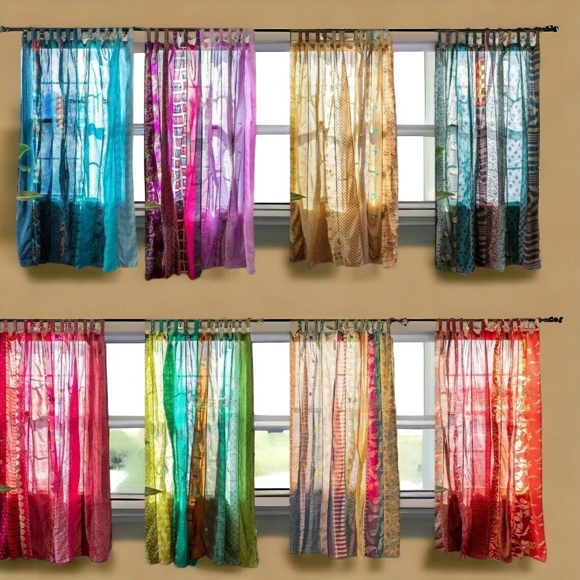 Boho Indian Silk Sari Curtain Vintage Window Panel Bohemian Bedroom Living Room