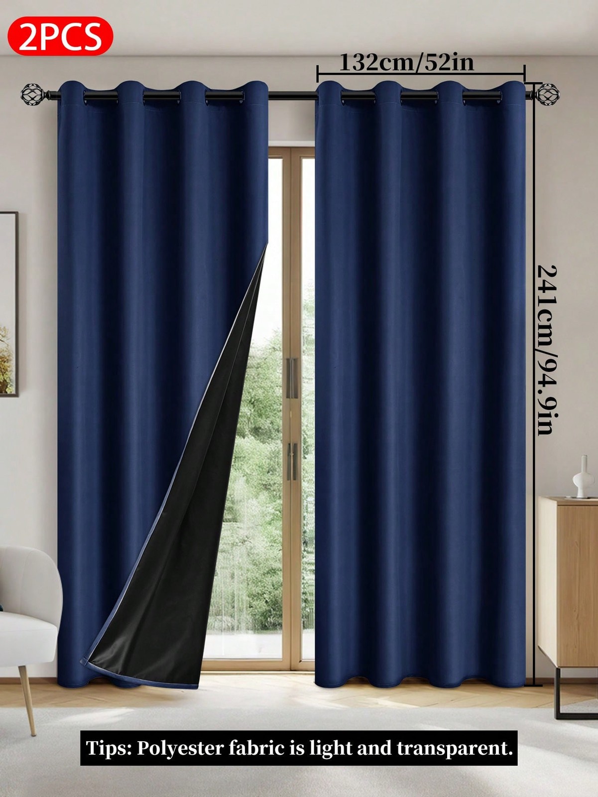 2pcs Navy Blue Blackout Curtains 132x241cm Grommet Thermal Insulated