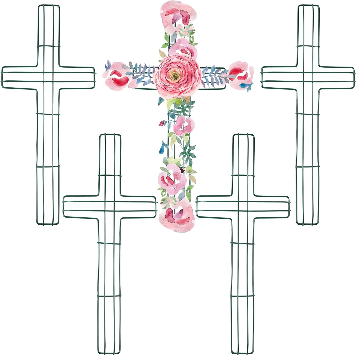 5 Pcs Cross Metal Wreath Frame Floral Garden 16 x 7 Inches, Green