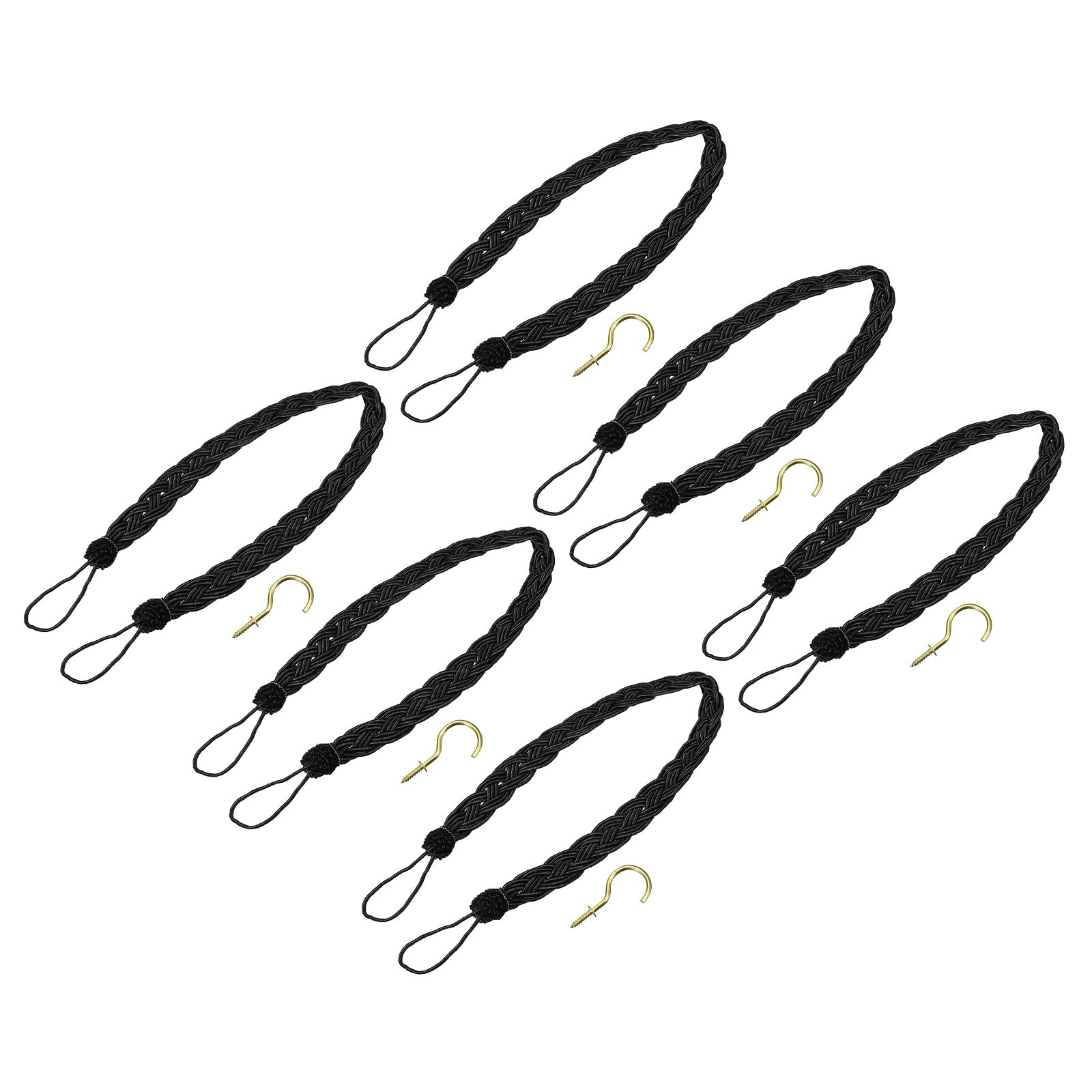 6Pcs 23″ Curtain Tiebacks Braid Drapery Holdback Holder with Hooks Black